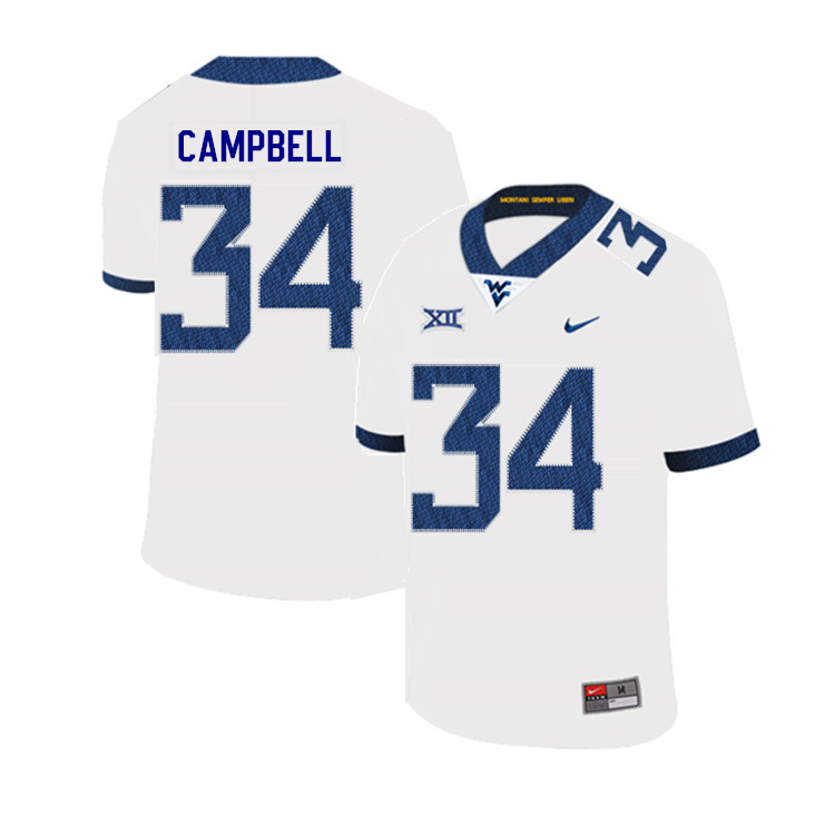 2019 Men #34 Shea Campbell West Virginia Mountaineers College Football Jerseys Sale-White